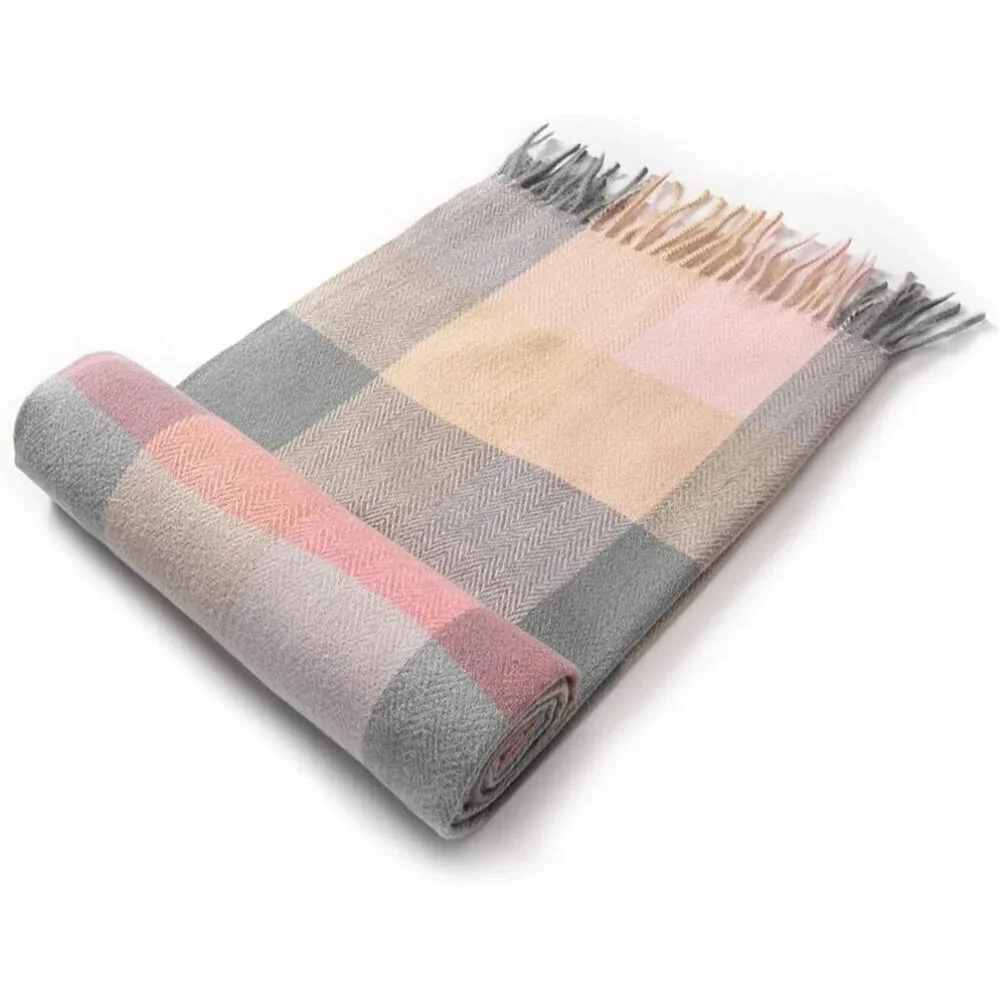 Women's Lilac Check Wool Scarf Cashmere Feel Winter Checked Scarves Soft Shawls